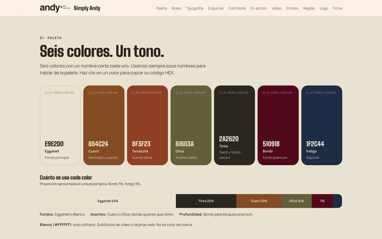 Palette section of the Simply Andy brand kit with seven colors and their HEX codes