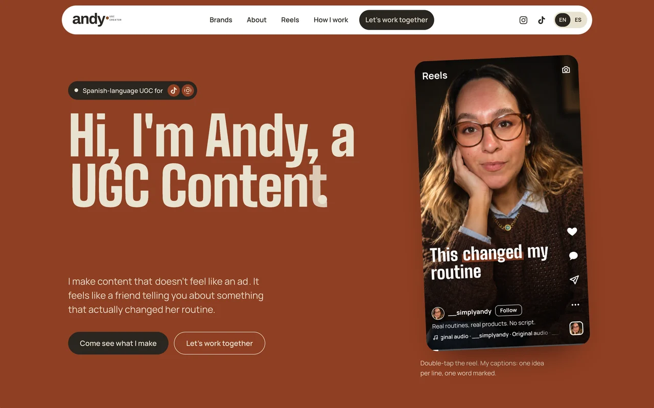 Simply Andy portfolio hero with the headline “Hi, I'm Andy, a UGC Content Creator” and a reel card