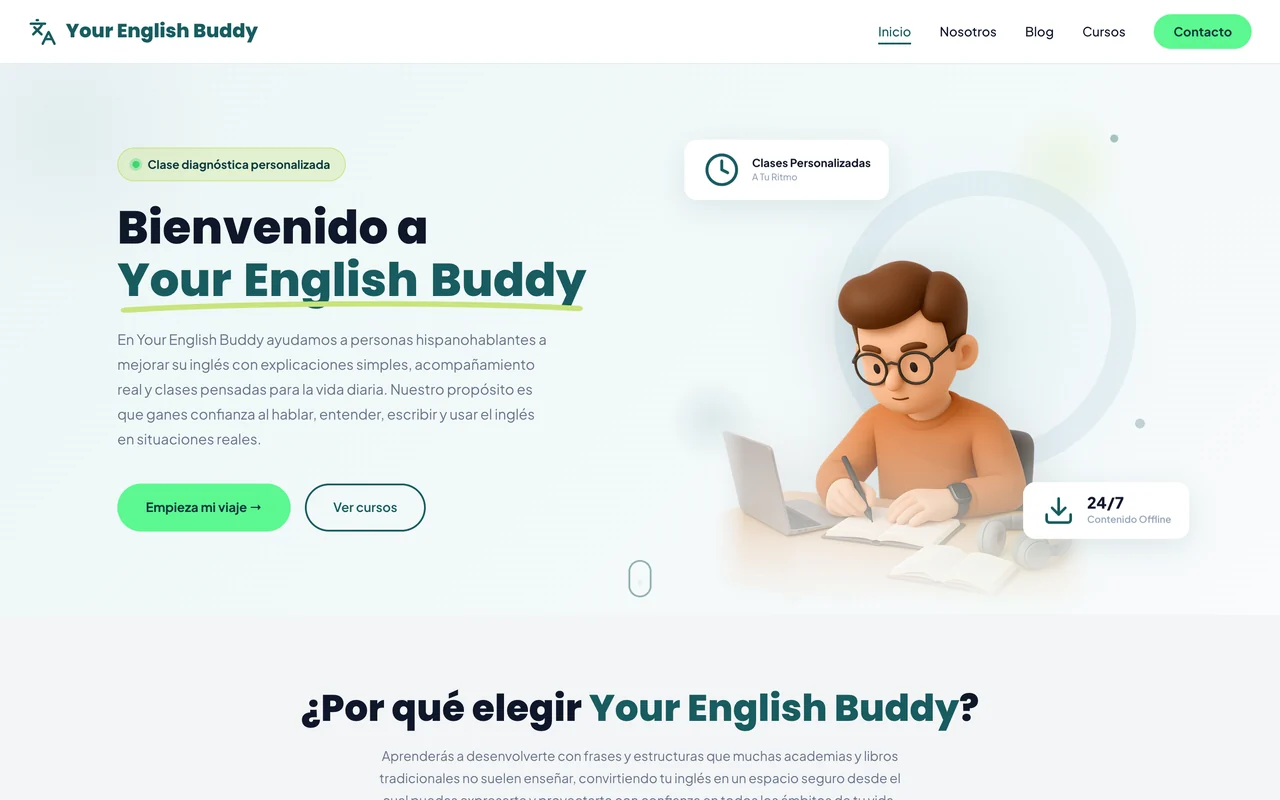Your English Buddy hero with the headline “Bienvenido a Your English Buddy” and a 3D character studying